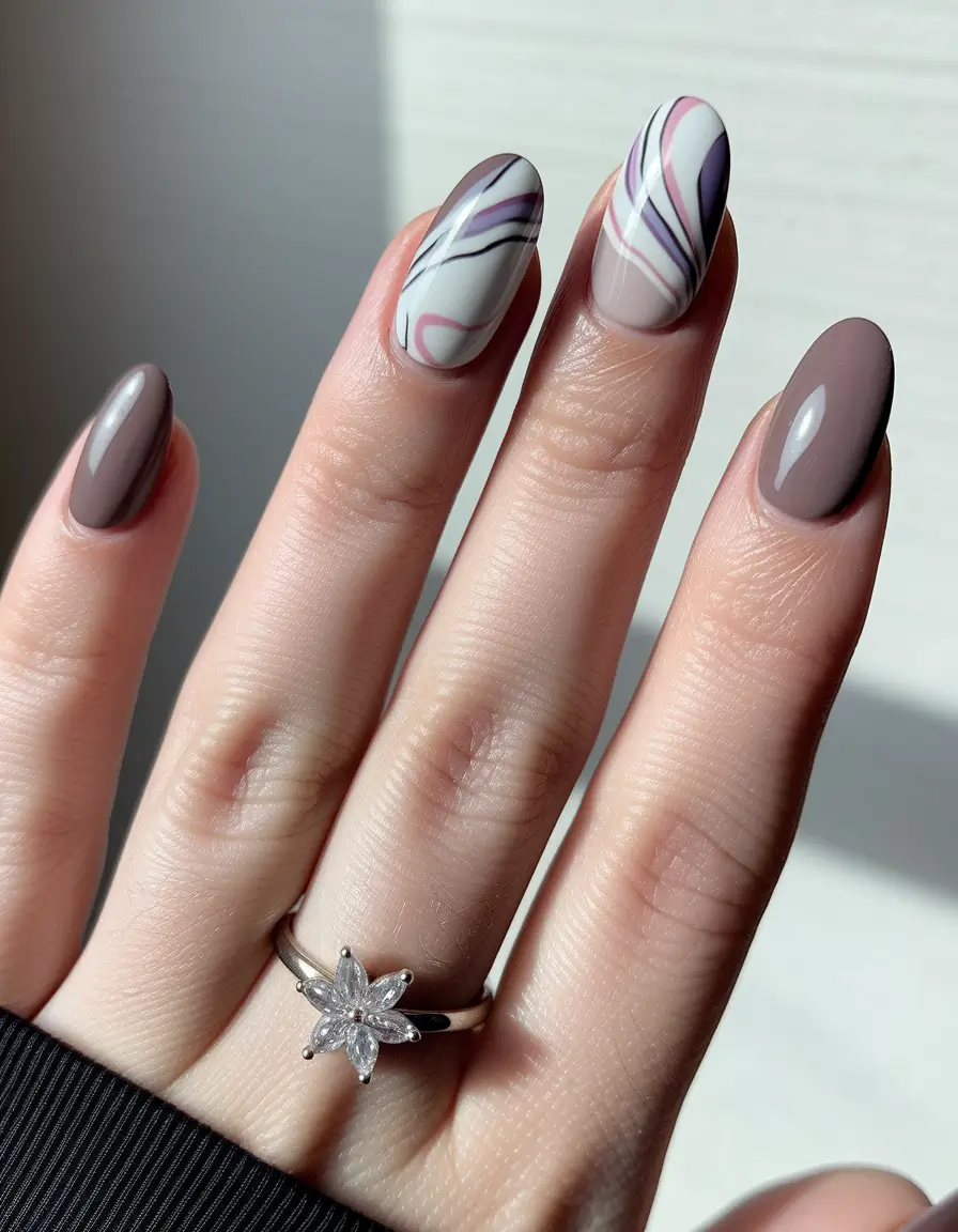 september nails designs almond Muted Marble Swirls with Almond Sophistication