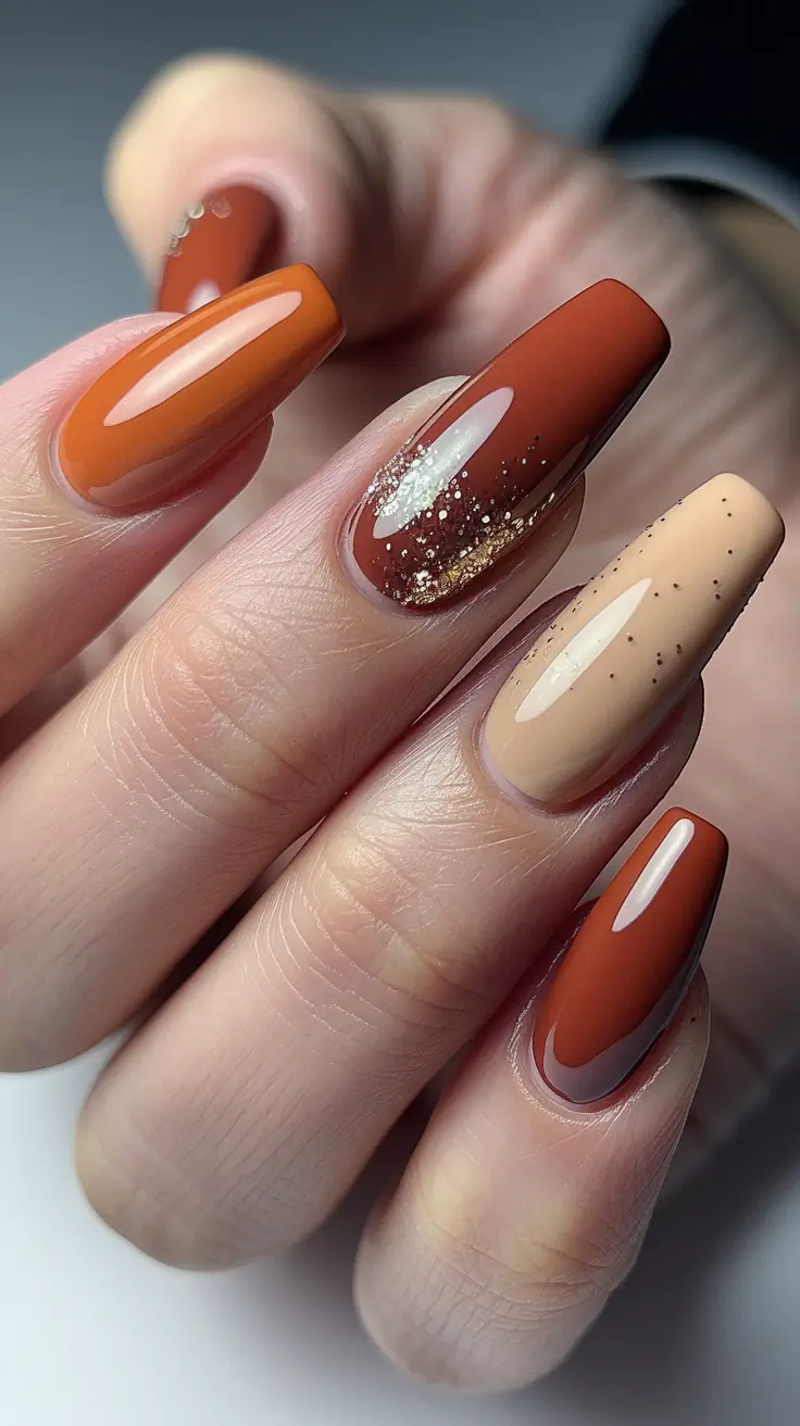 september nails designs coffin Cinnamon Glaze and Gold Dust Sparkle