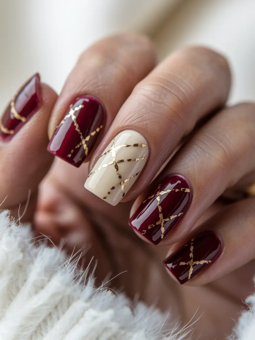 fall square Golden Lattice on Rich Cranberry and Cream