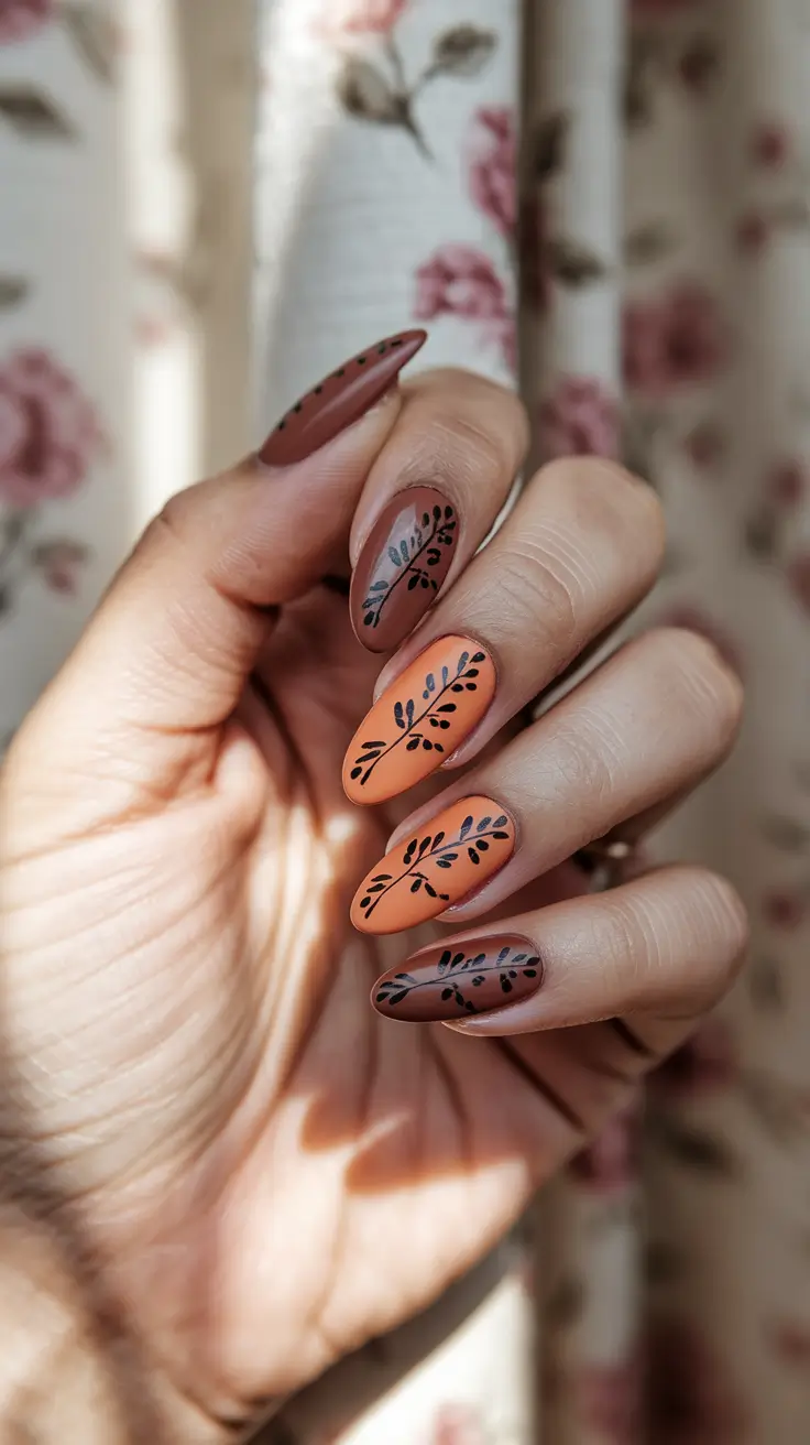 september nails designs stiletto Matte Mocha and Burnt Orange Leaf Art