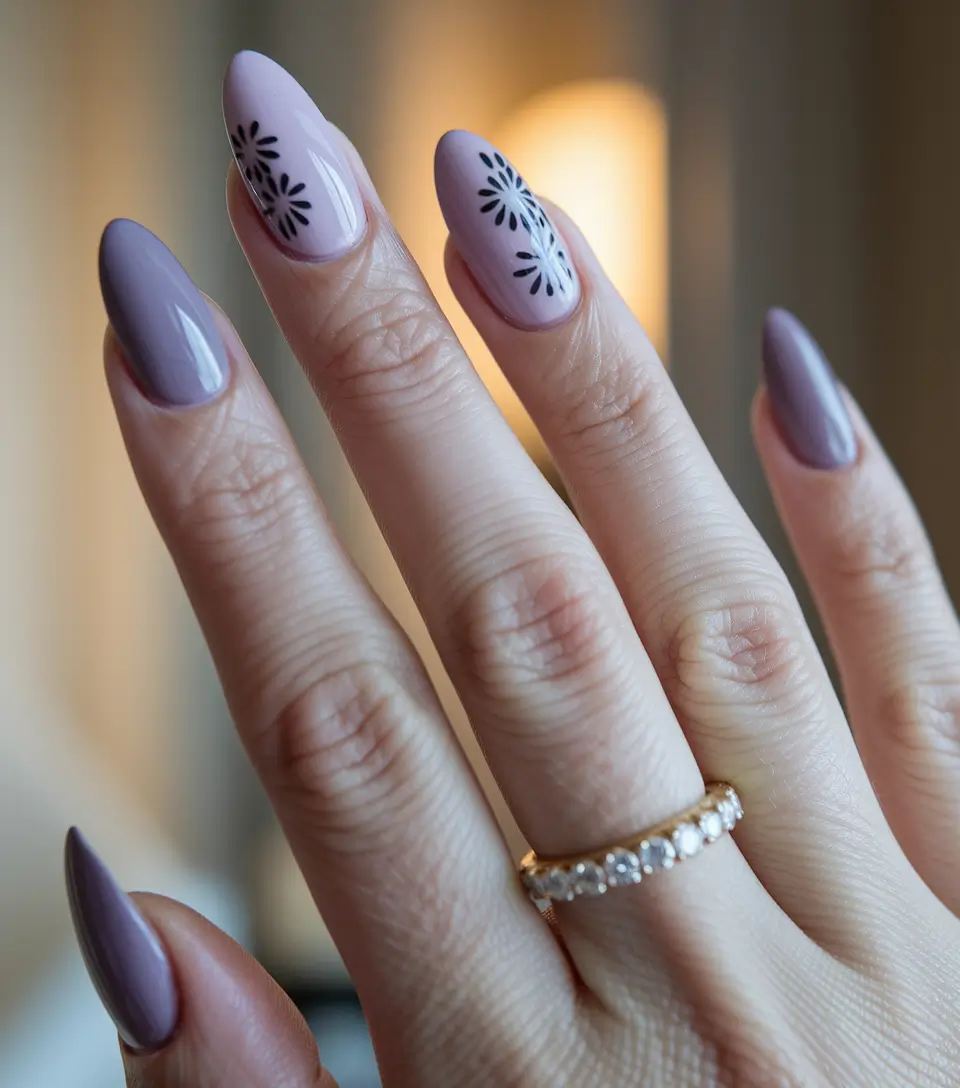 september nails designs simple Muted Mauve With Floral Blackwork