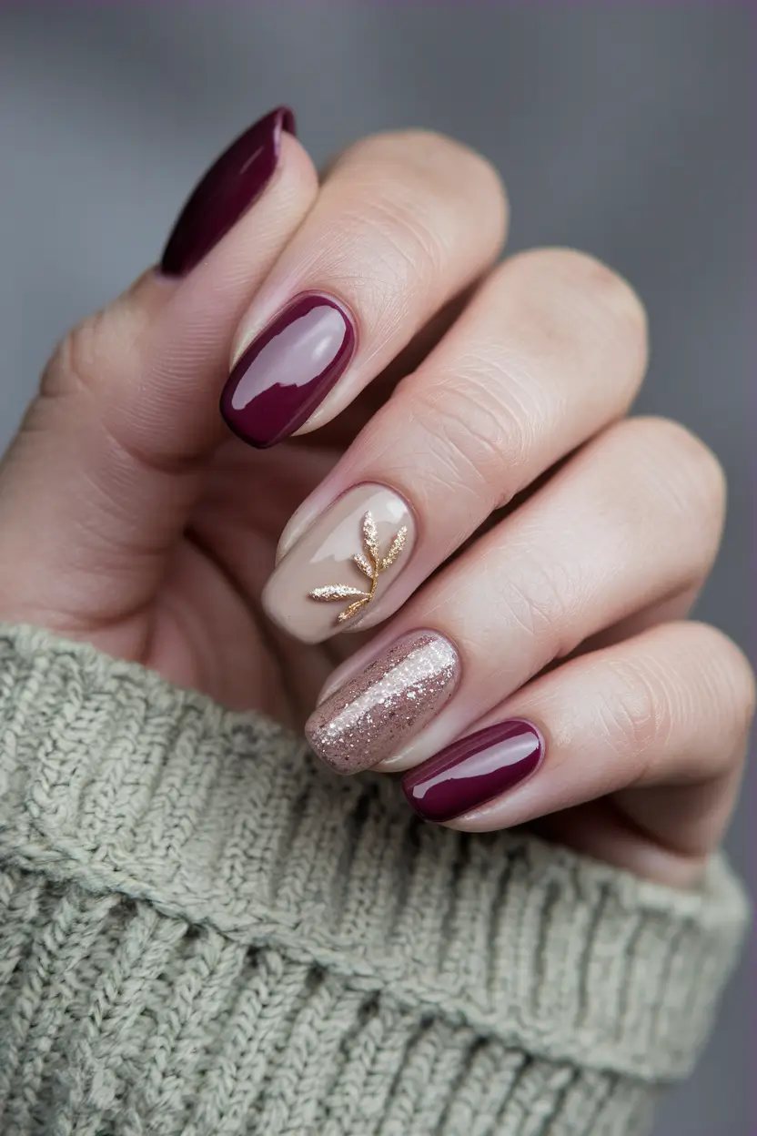 september nails designs short acrylic Wine Red and Gold with a Glitter Twist