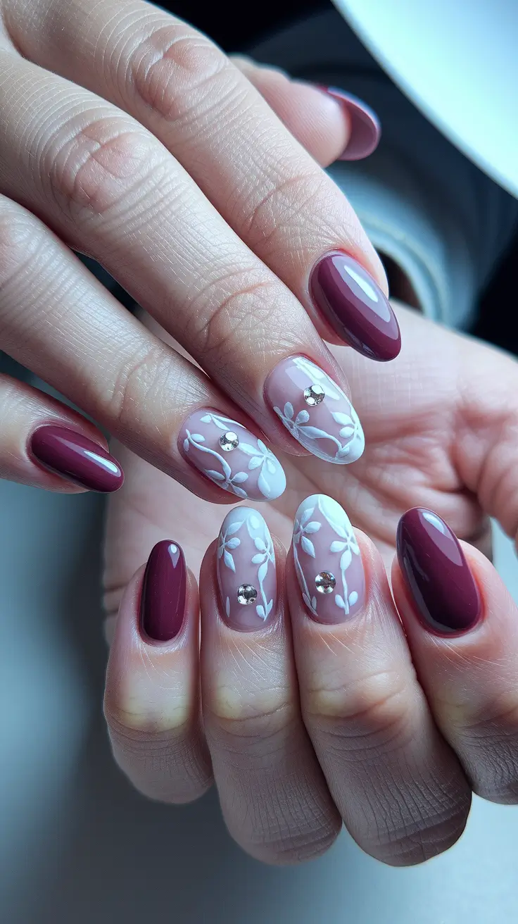 september nails designs coffin Wine & Porcelain Vines with Rhinestone Sparkle