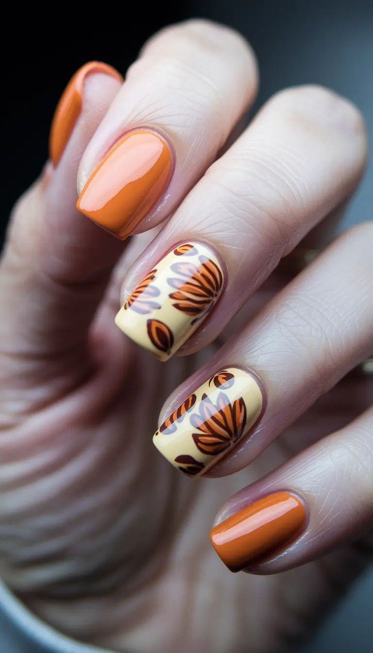 september nails designs almond Caramel Leaves with Soft Matte Elegance