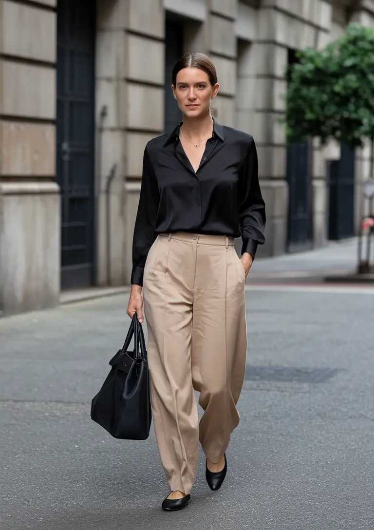 september outfits Satin Blouse & Slouchy Trousers Energy
