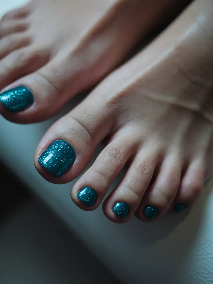 September toe nails Mermaid Teal Sparkle