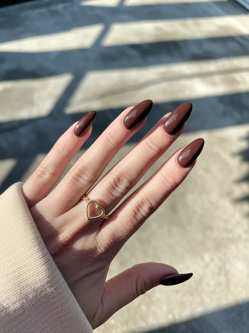 simple fall nails almond Glossy Chestnut Almond Elegance