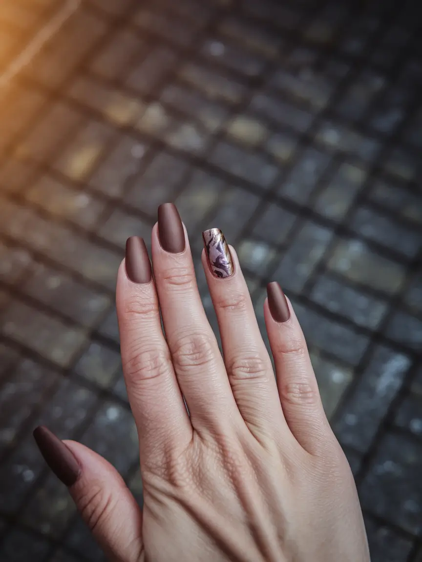 simple fall nails autumn art designs Mocha Matte with Marble Accent