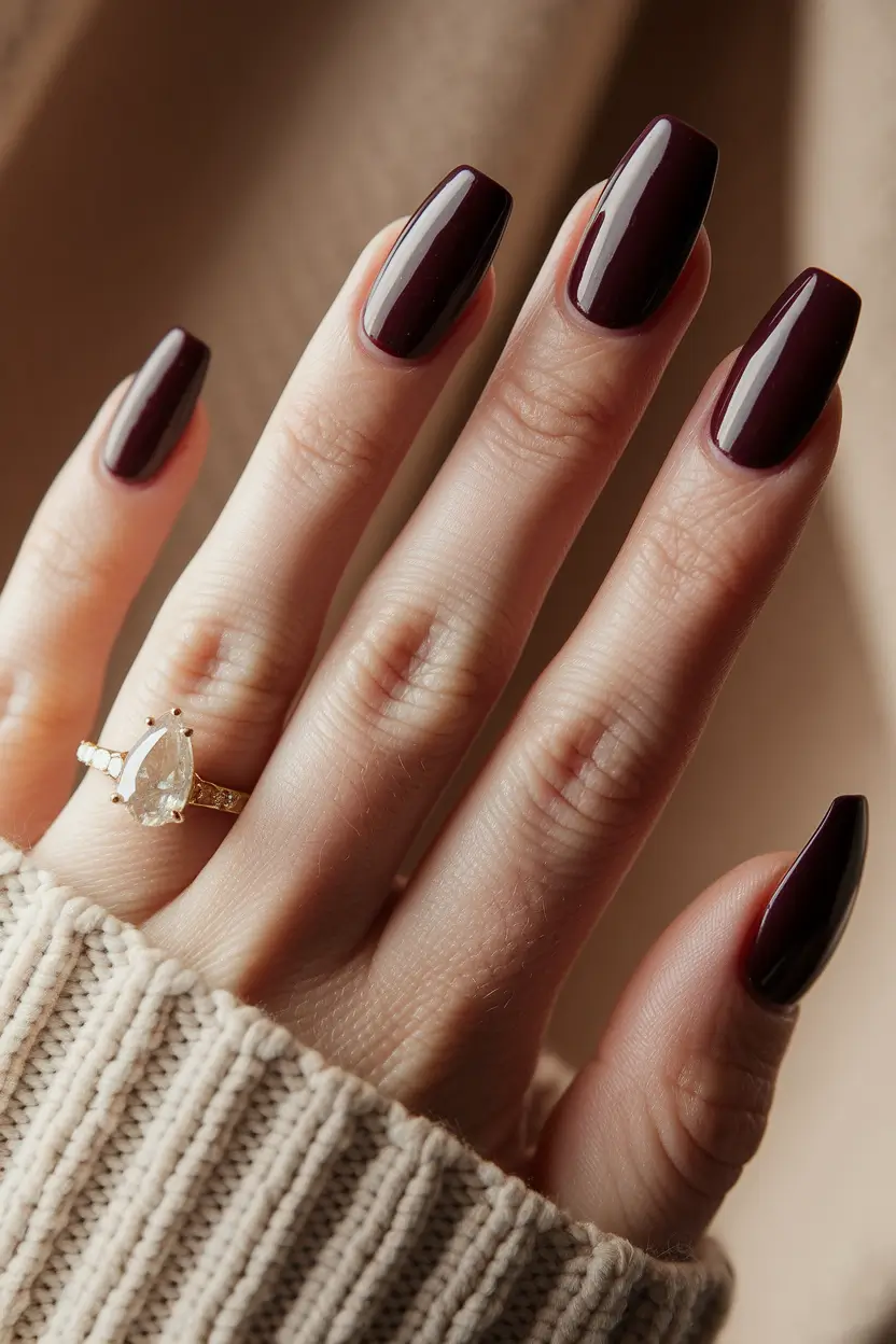 simple fall nails autumn burgundy Glossy Burgundy Square Perfection