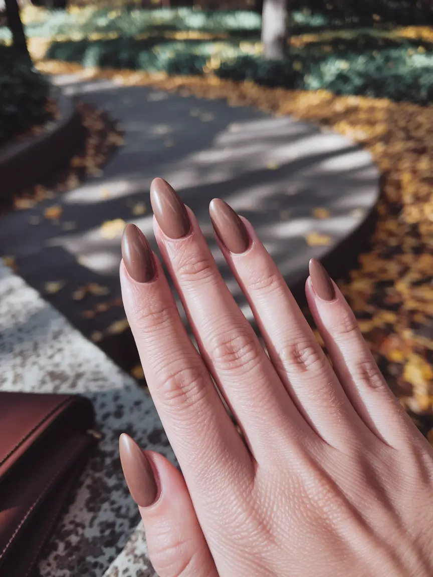 simple fall nails autumn brown Soft Cocoa Neutral in Almond Shape