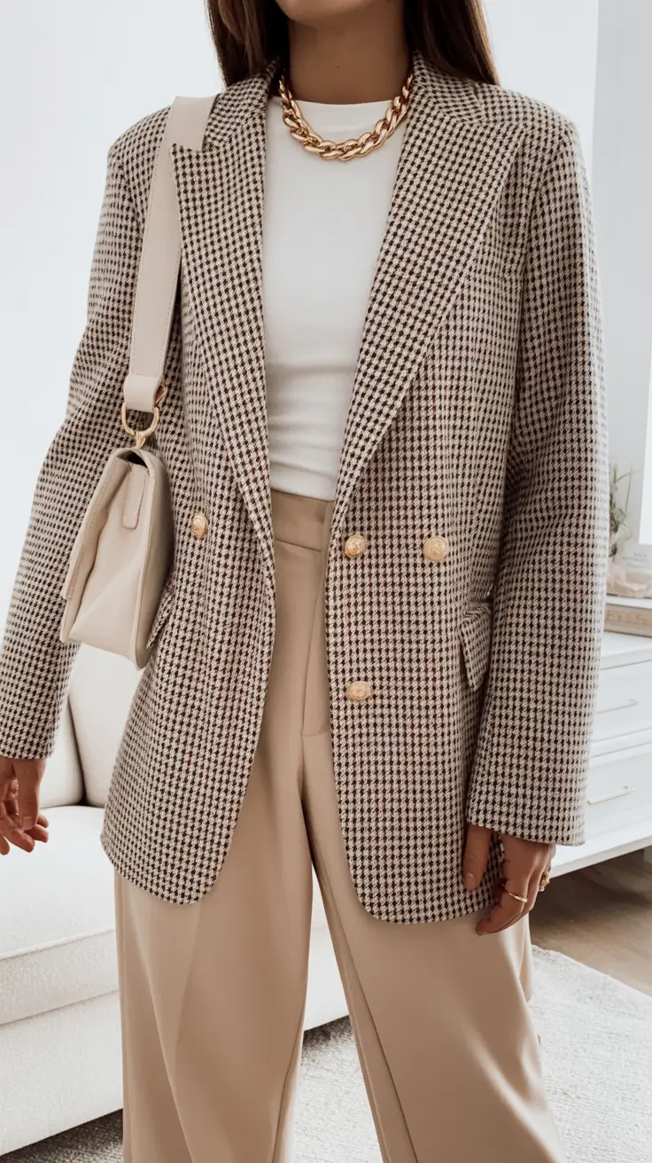 trendy fall outfits 2025 Modern Houndstooth and Tailored Cream Trousers