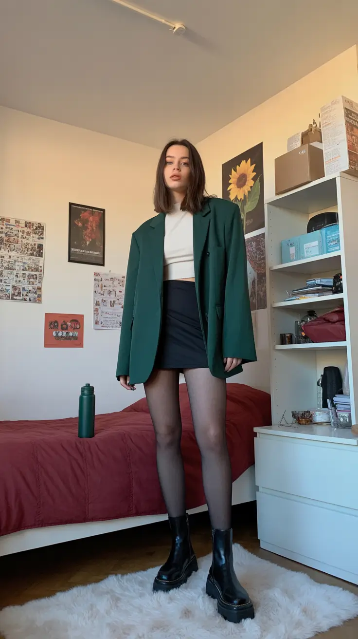 trendy fall outfits 2025 Oversized Forest Blazer and Mini Skirt Combo