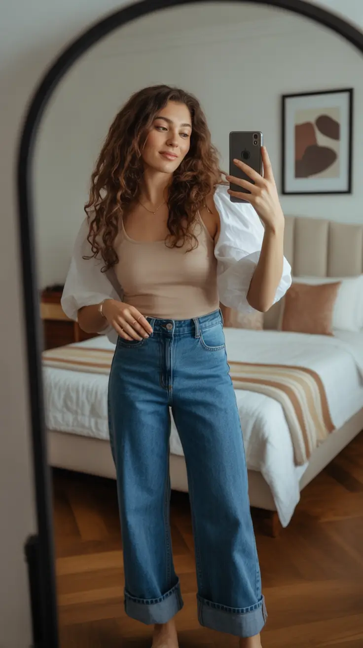 trendy fall outfits 2025 Soft Statement with Balloon Sleeves and Denim