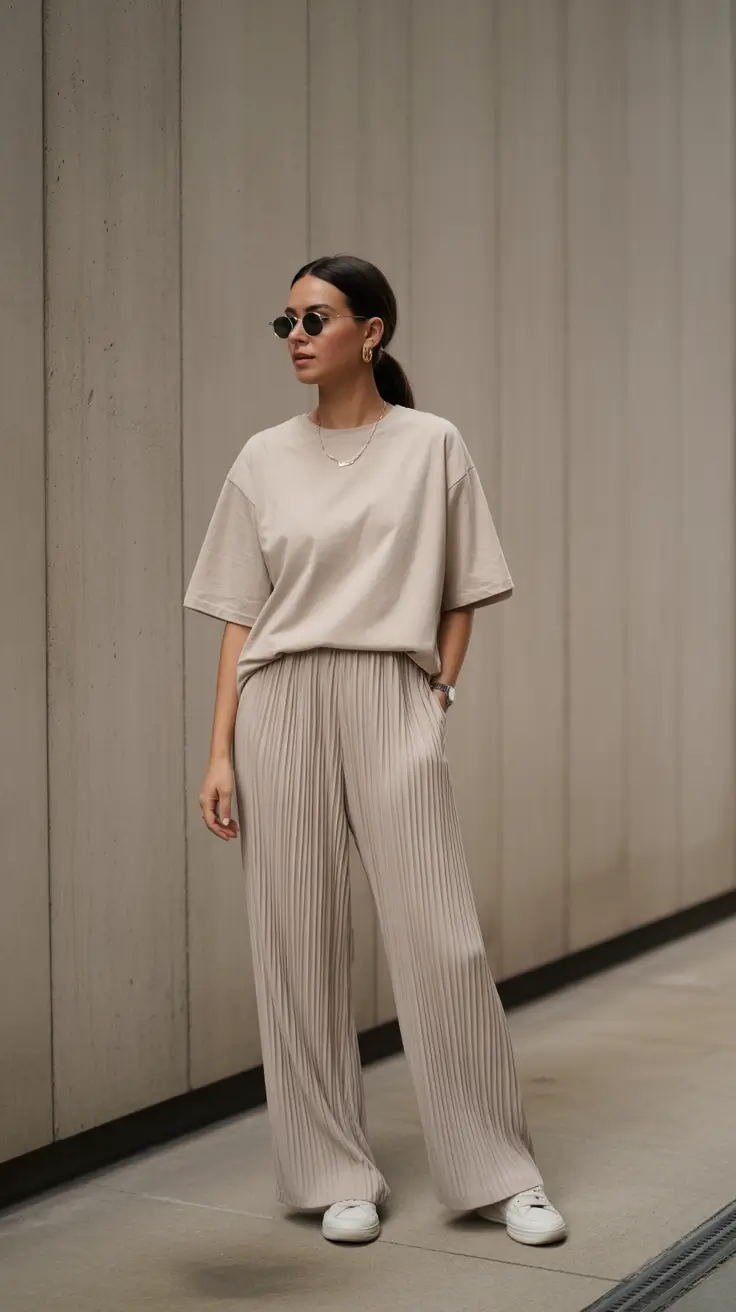 trendy fall outfits 2025 Monochrome Beige in Urban Pleats