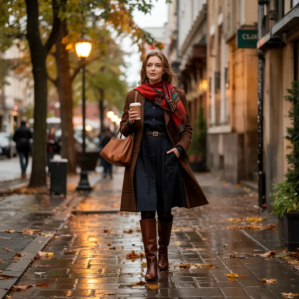 warm fall outfits City Rain Romance in Plaid & Navy