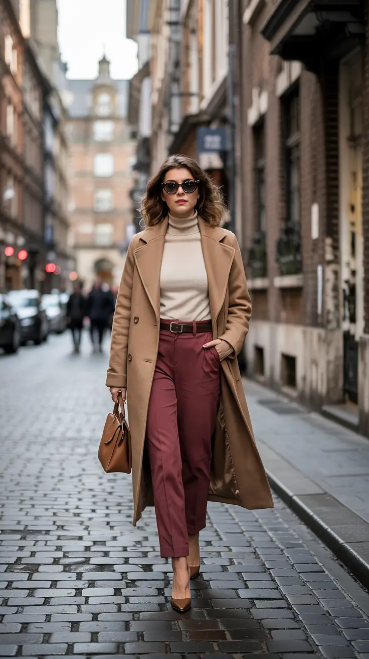 warm fall outfits Crisp Turtleneck & Rust Slacks Combo