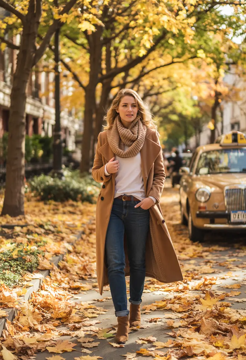 warm fall outfits golden hour stroll in autumn neutrals