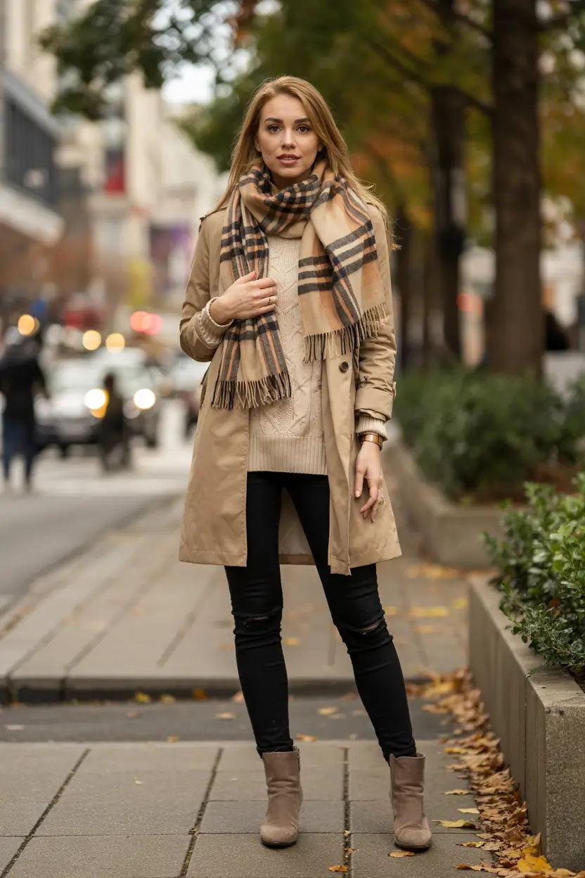 warm fall outfits Beige Layers & Distressed Denim