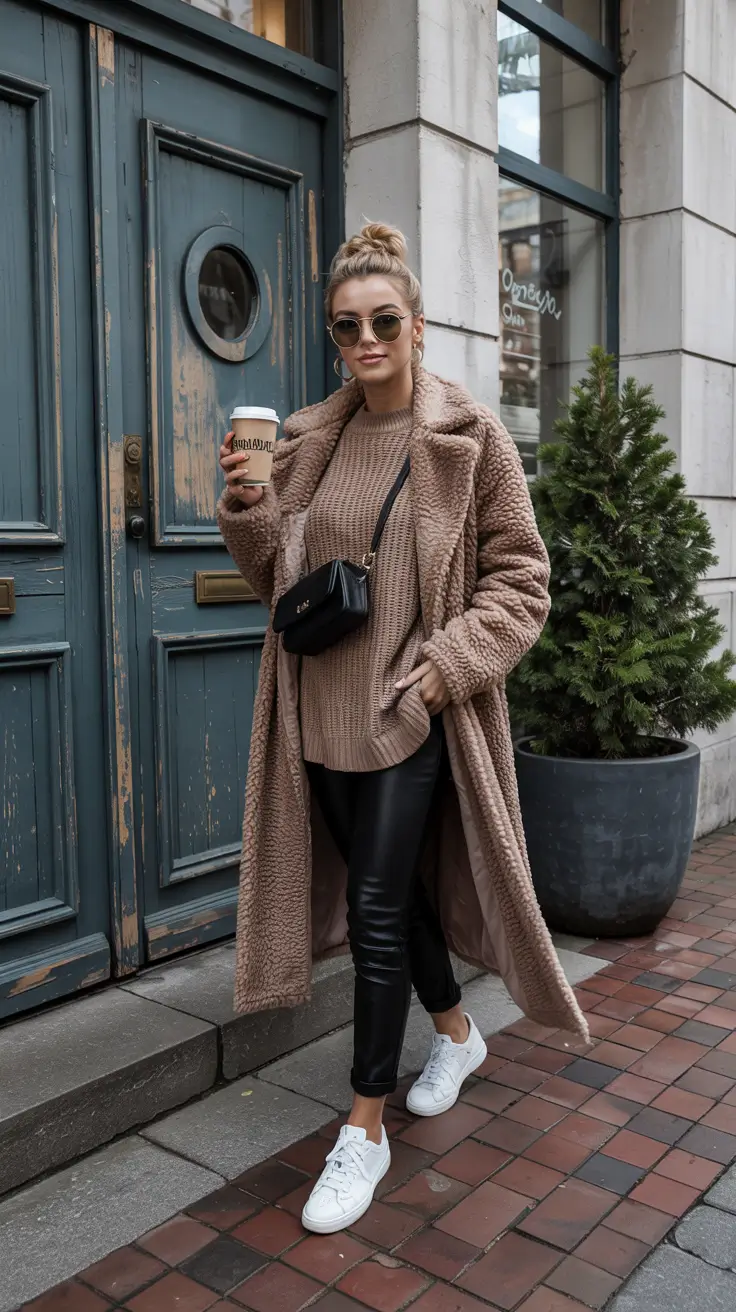warm fall outfits teddy textures and coffee run vibes