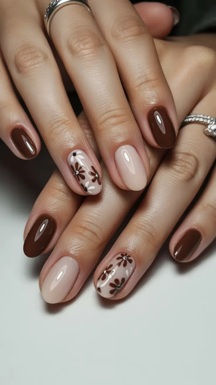 Trendy Brown Fall Nails 2025 – Cocoa Daisies on Sheer Almond