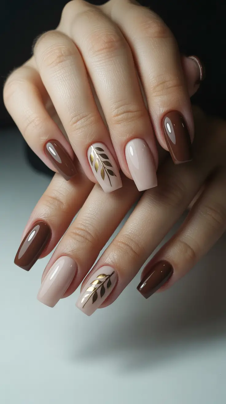 Trendy Brown Fall Nails 2025 – Mocha–Sand Square with Gold Leaf