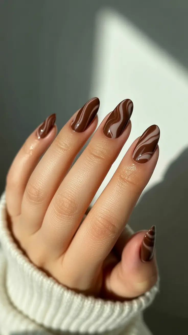 Trendy Brown Fall Nails 2025 – Chocolate Marble Swirl Almond