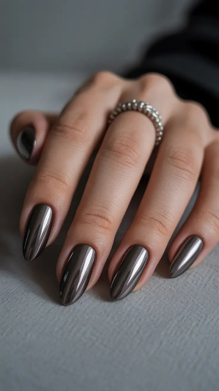 Dark Fall Nail Designs 2025 — Gunmetal Mirror Almonds