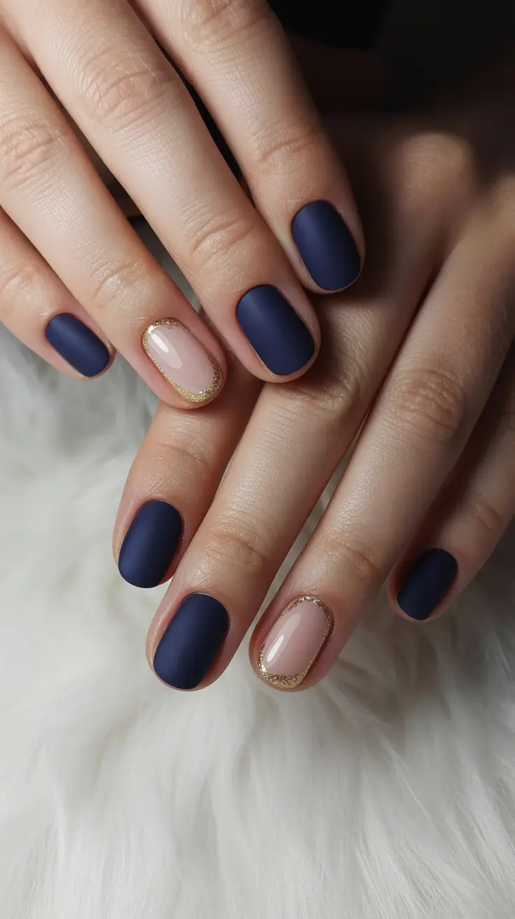Dark Fall Nail Designs 2025 — Matte Navy With Gilded Cuticles