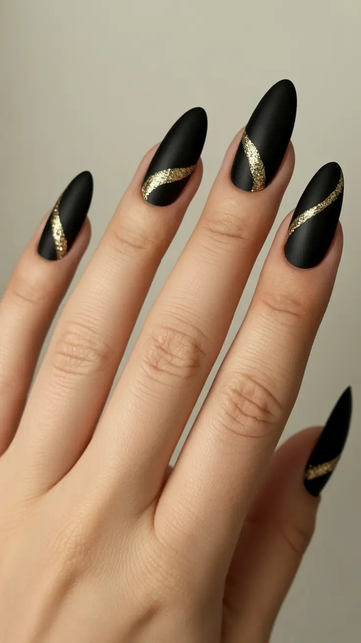 Dark Fall Nail Designs 2025 – Black Velvet with Liquid-Gold Ribbons