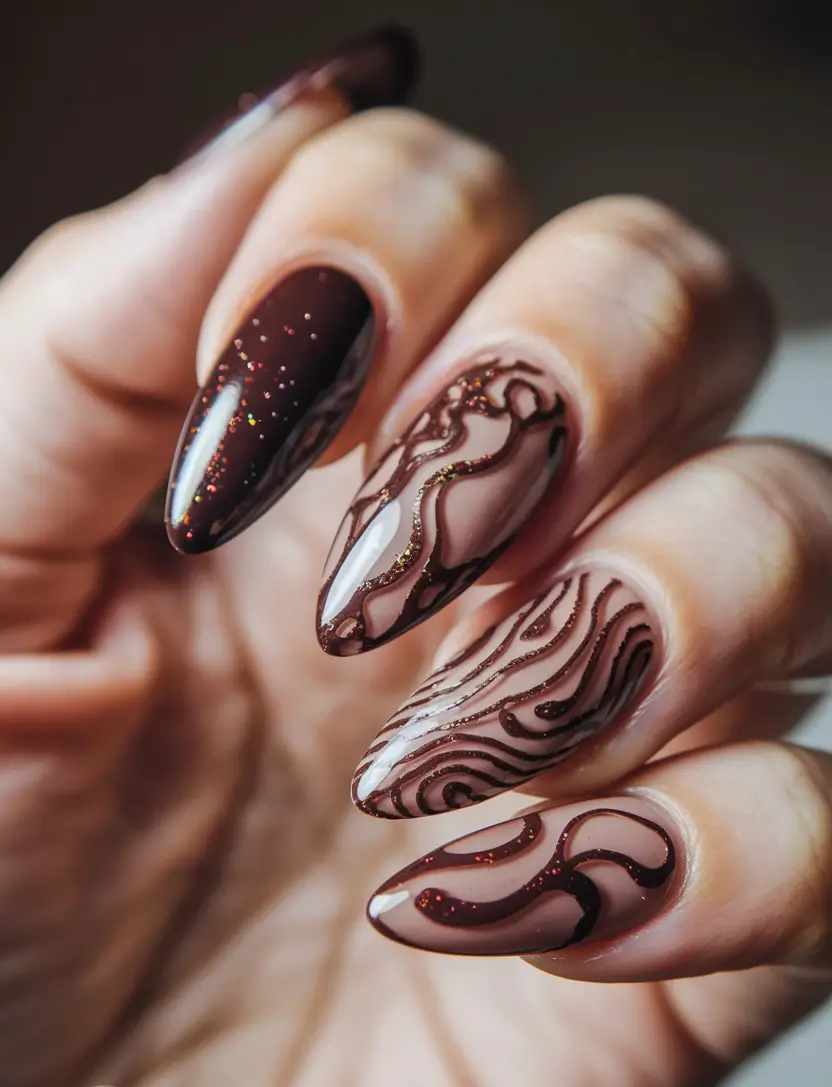 fall 3d nail art — Molten Mocha Swirls with Sparkle Relief