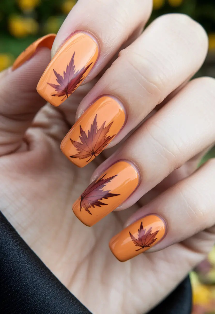 fall 3d nail art — Cider Orange with Shadowed Maple Leaves
