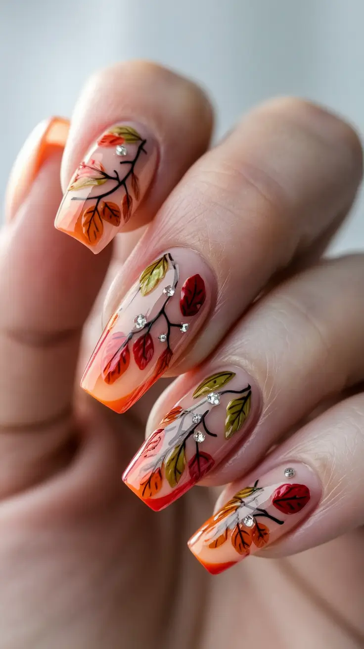 fall 3d nail art — Branching Vines with Crystal Dewdrops