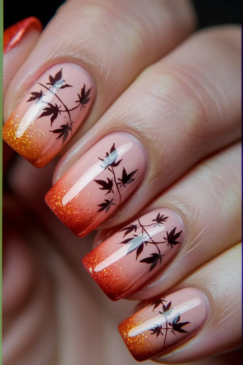 fall 3d nail art — Spiced Ombre French with Silhouette Leaves