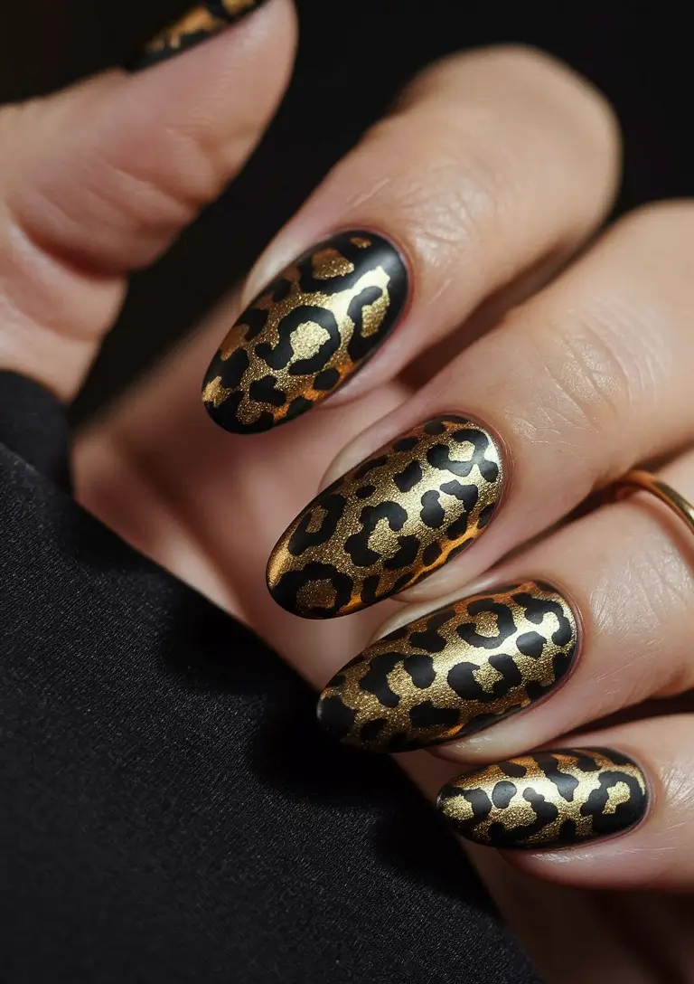 fall 3d nail art — Gilded Leopard on Velvet Black