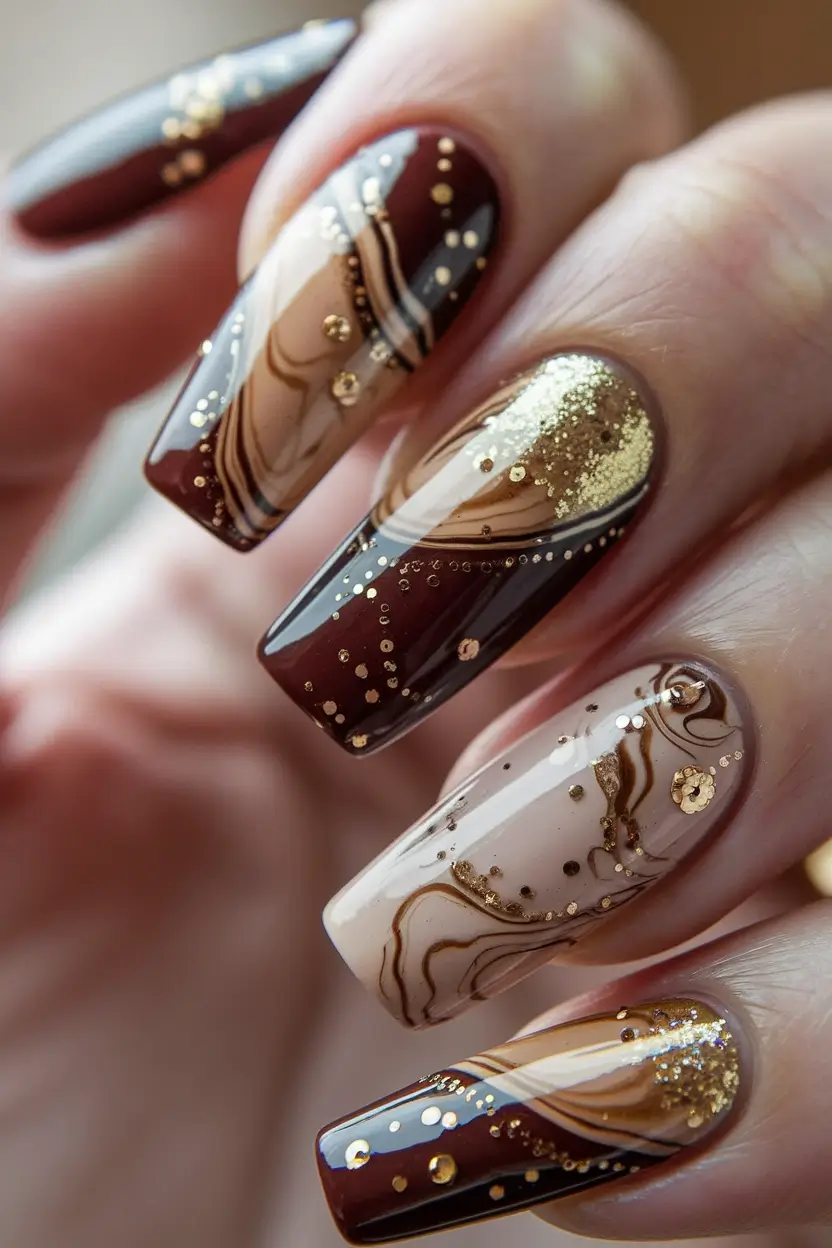 Fall Nail Art 2025: 3D Style — Caramel Marble With Gilded Droplets