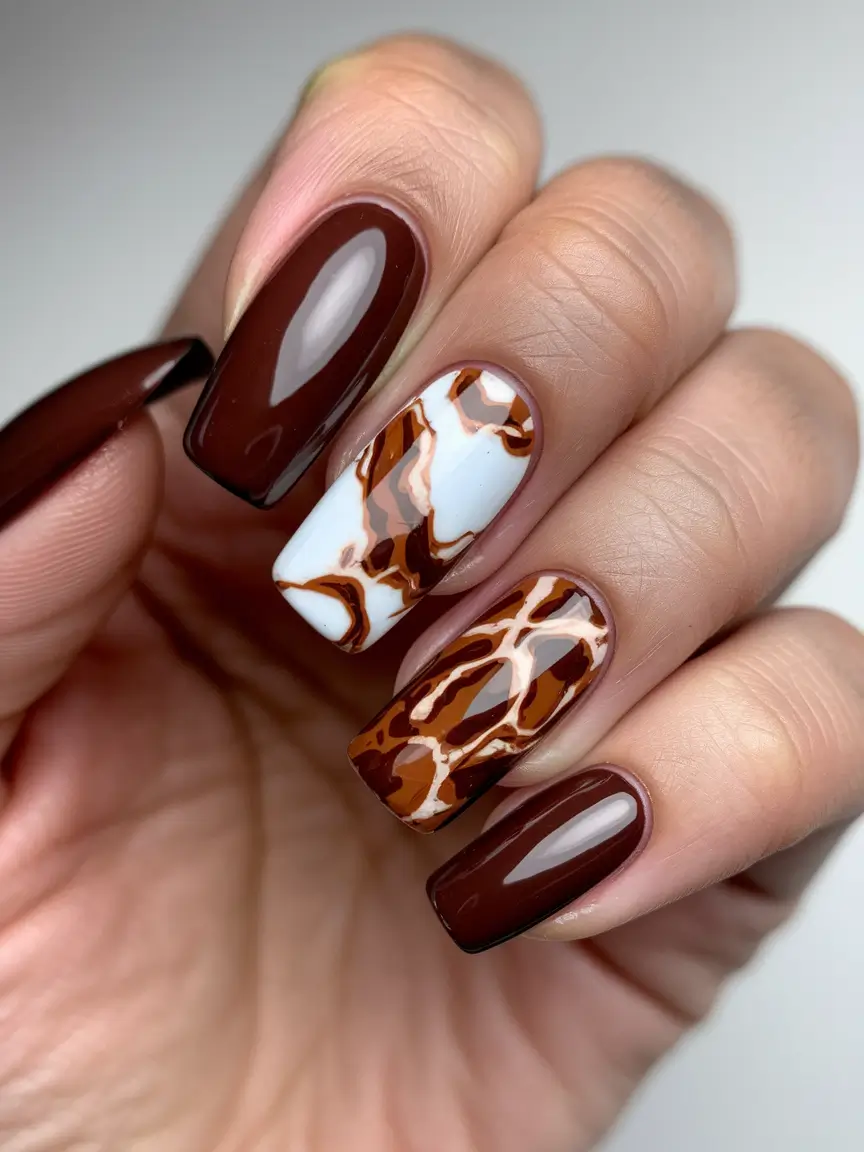Fall Nail Art 2025: 3D Style — Mocha Stone Marble Accents