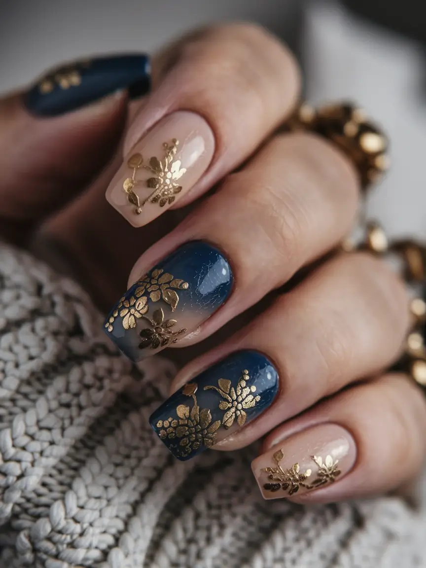 Fall Nail Art 2025: 3D Style — Midnight Florals in Gold