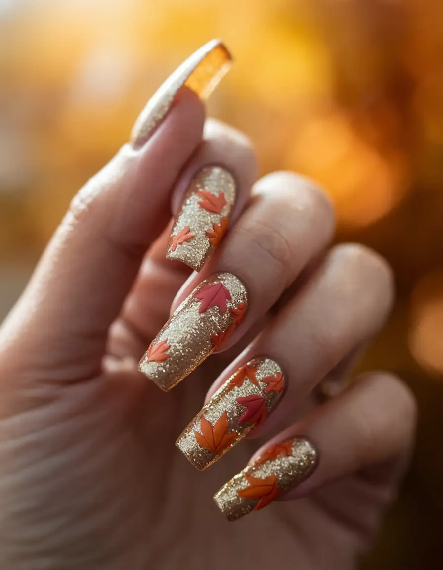 fall 3d nail art — Golden Maple Leaf Overlay