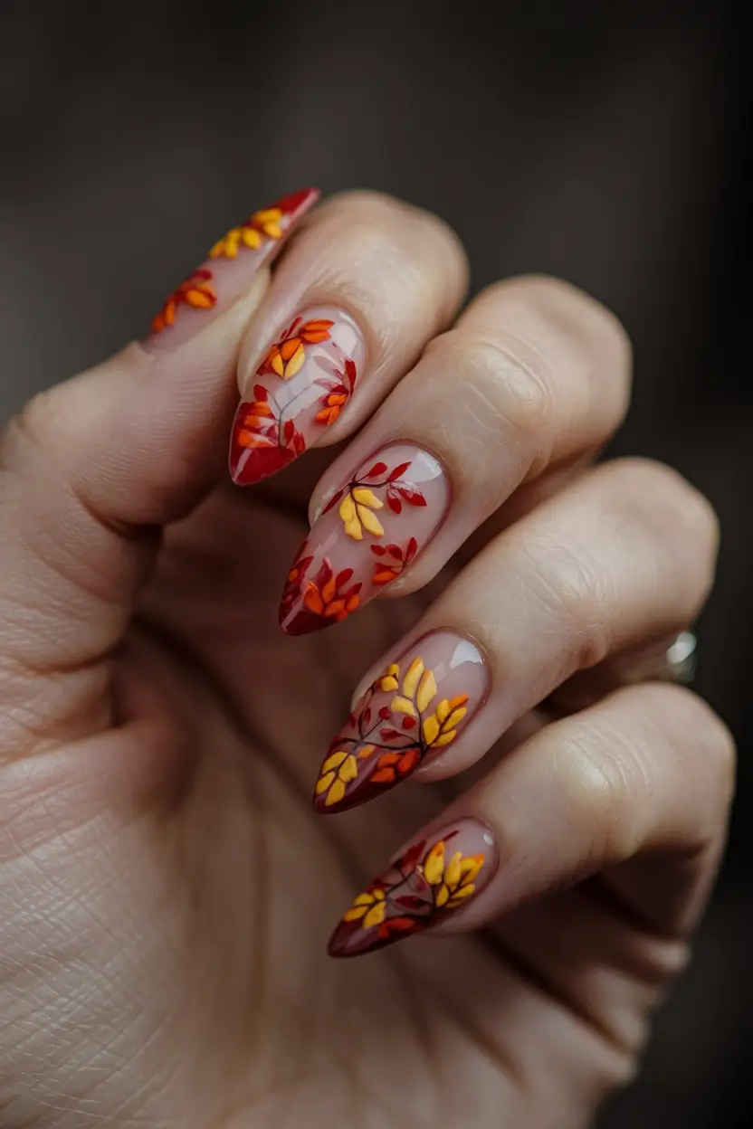 fall 3d nail art — Crimson-Tipped Leaves on Sheer