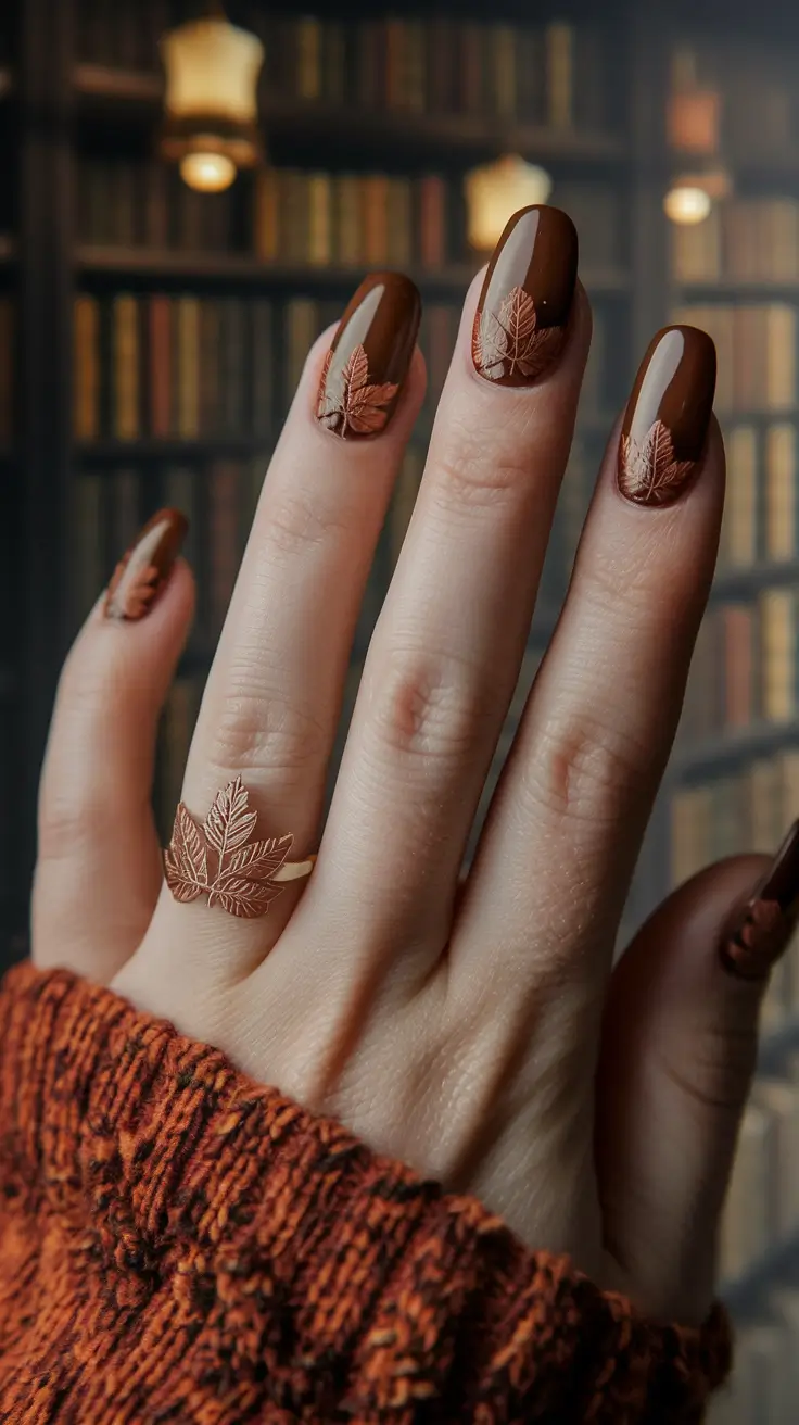 Fall Nail Art 2025: 3D Style — Cocoa Micro-Leaf Accents