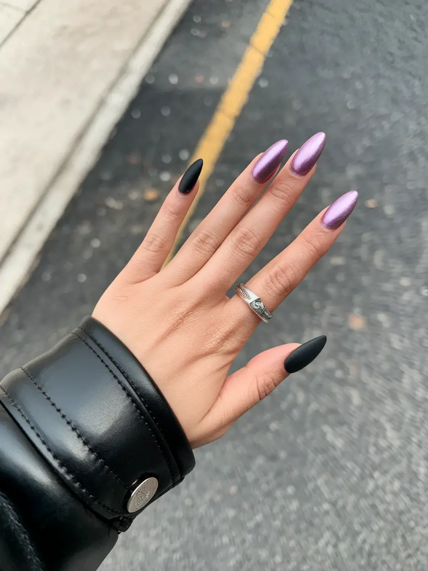 fall almond nails Chrome Orchid Meets Midnight Matte