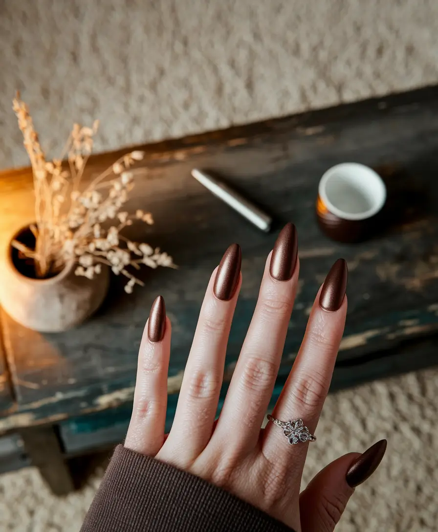 fall almond nails Metallic Mocha for Moody Days