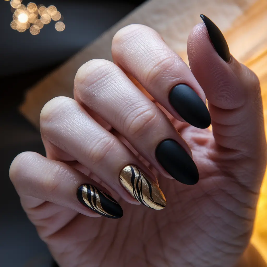 fall almond nails Velvet Noir & Molten Gold Drama