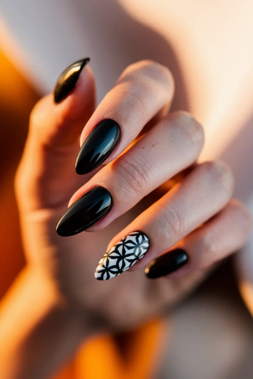 fall almond nails Glossy Black with Graphic Edge