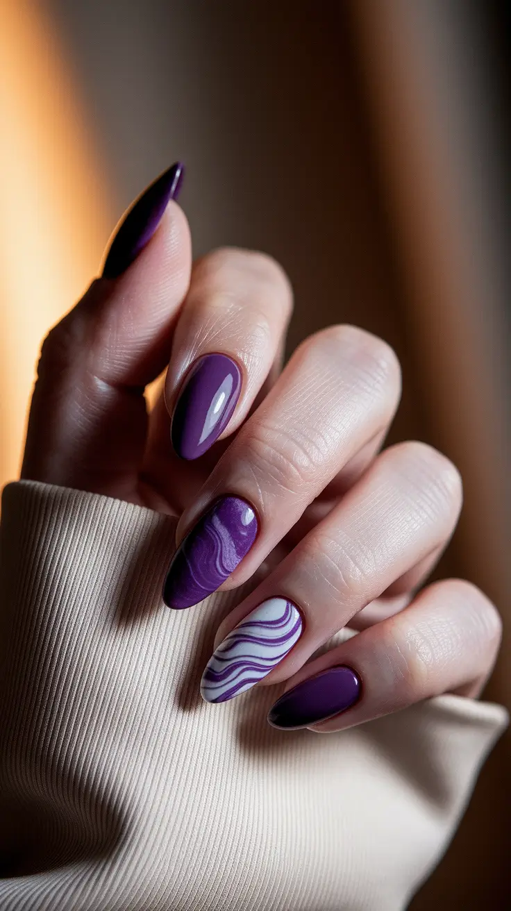 fall almond nails Plum Marble Energy