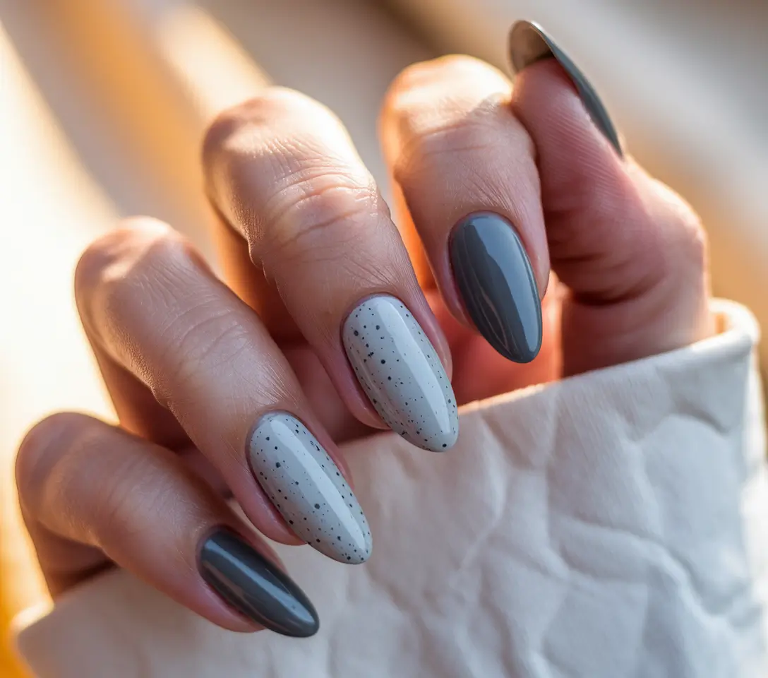 fall almond nails Muted Grey with Freckled Specks