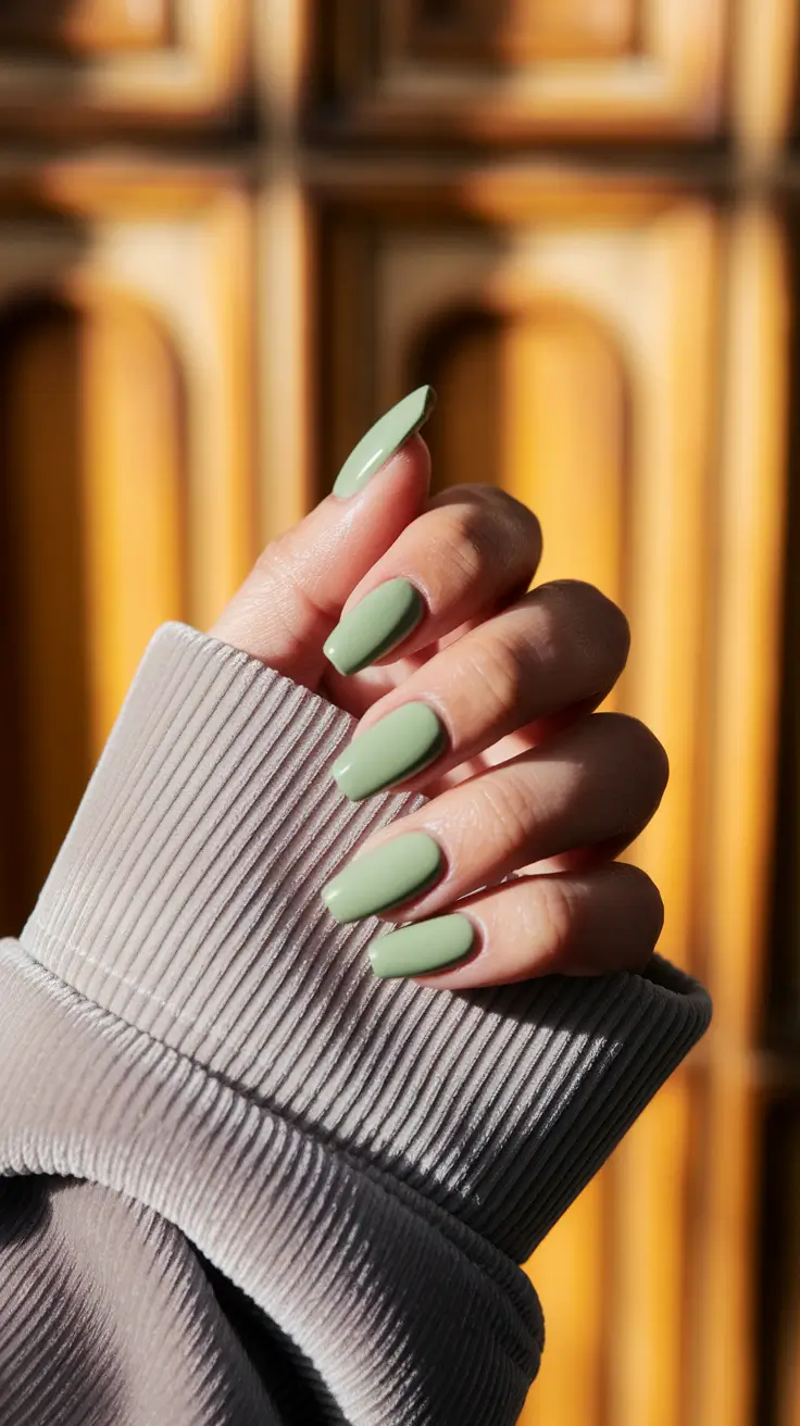fall ballerina nails Muted Sage with Cozy Calm