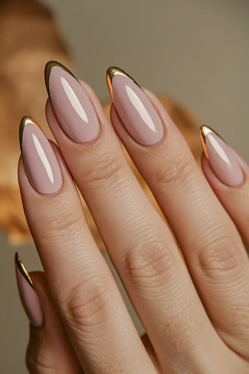 fall ballerina nails Rose Gold Edge on Almond Base