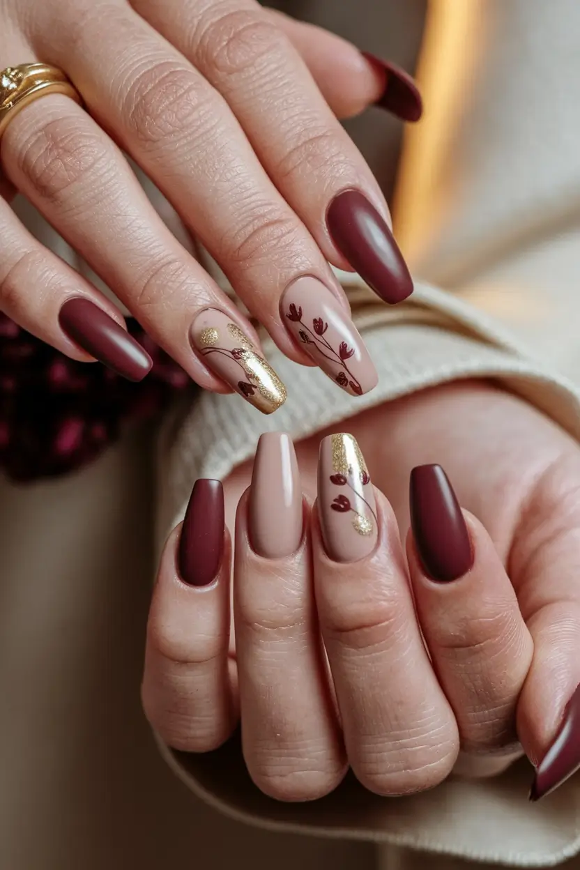 fall coffin nail ideas Gold-Laced Floral Drama