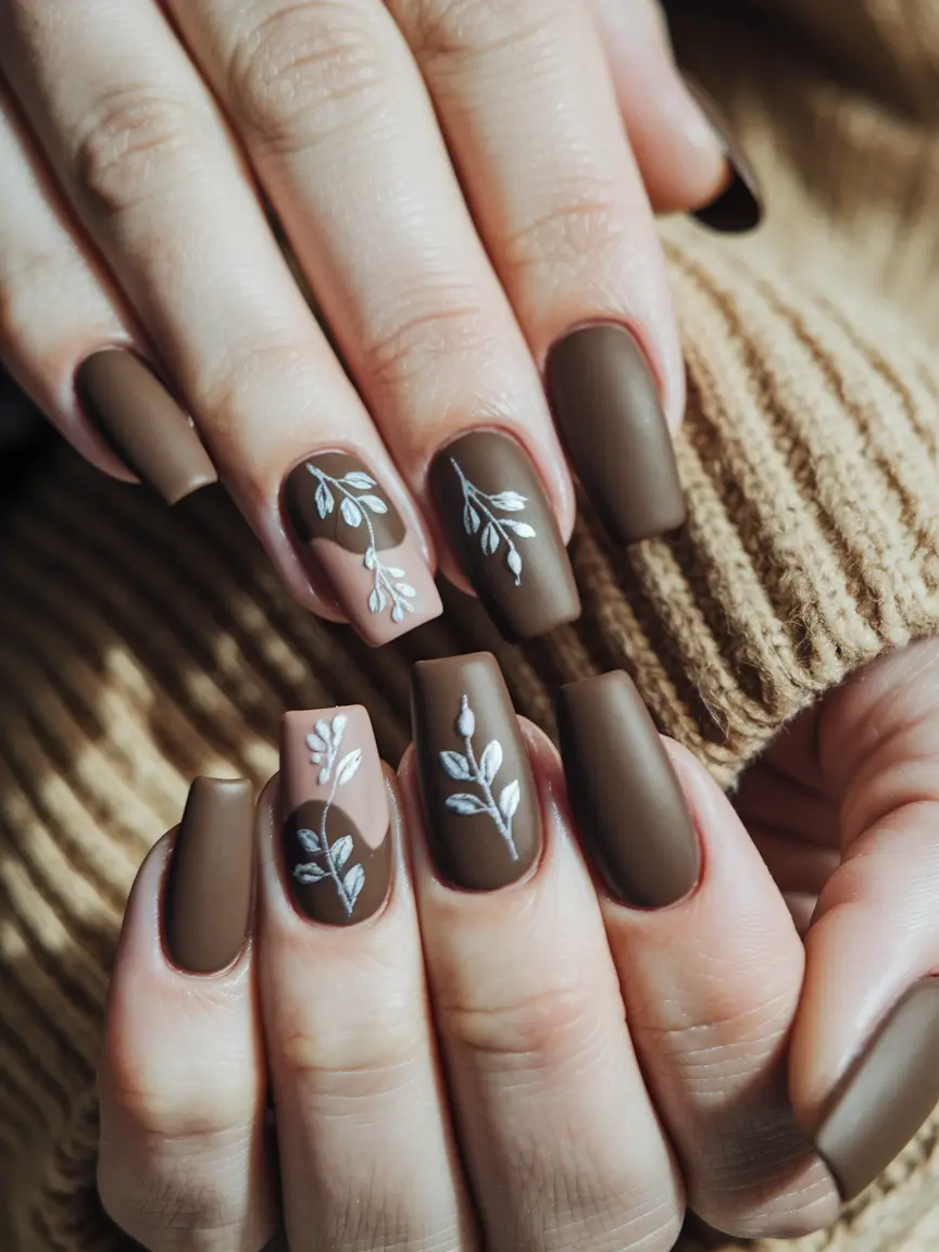 fall coffin nail ideas brown Matte Mocha with Delicate White Florals